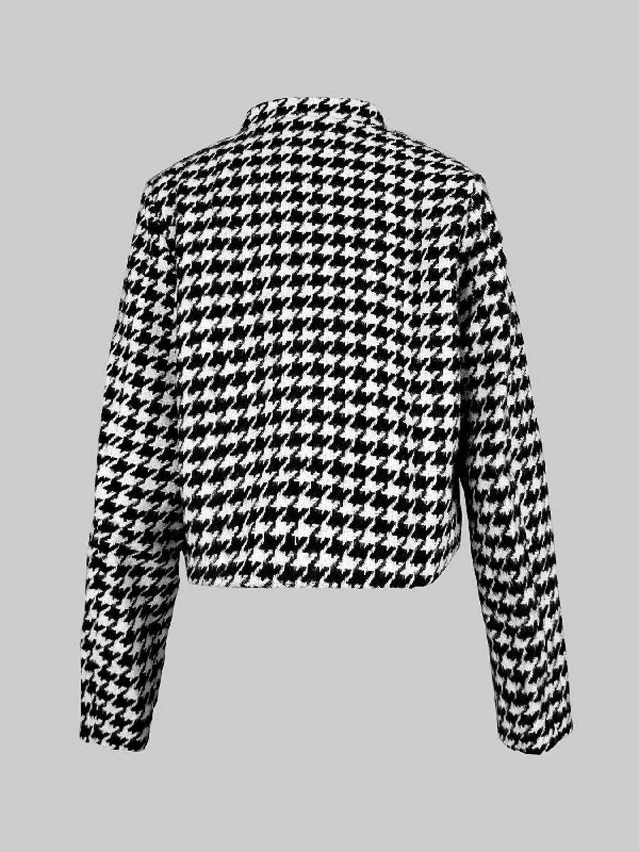 Long Sleeves Loose Buttoned Contrast Color Houndstooth Printed Stand Collar Jackets Outerwear - Image 4