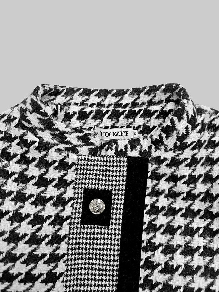 Long Sleeves Loose Buttoned Contrast Color Houndstooth Printed Stand Collar Jackets Outerwear - Image 5