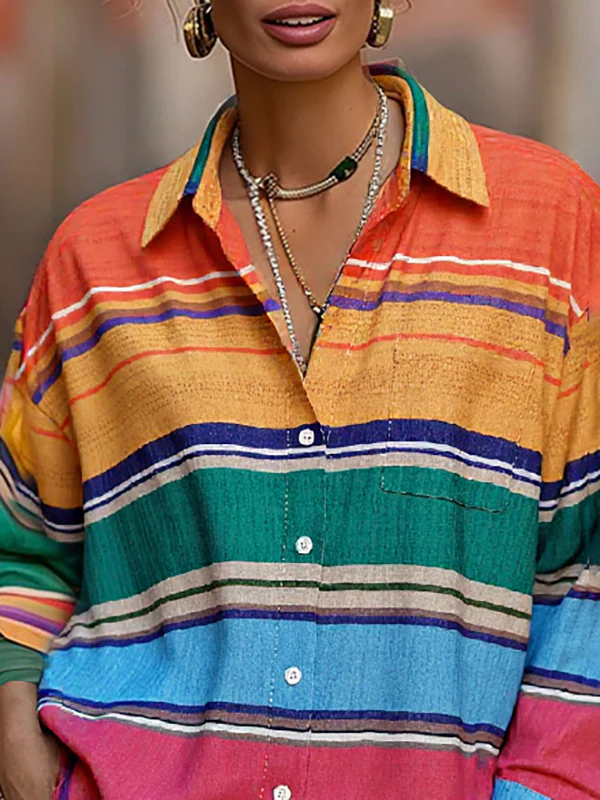 Long Sleeves Loose Buttoned Contrast Color Lapel Blouses&Shirts Tops - Image 2