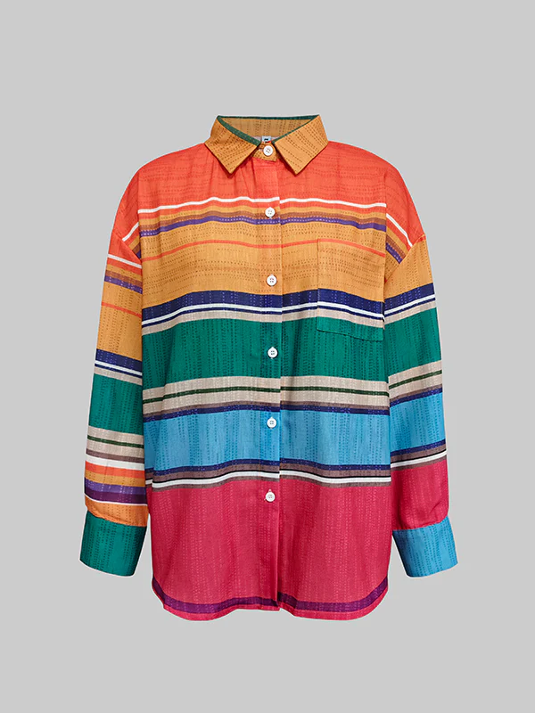 Long Sleeves Loose Buttoned Contrast Color Lapel Blouses&Shirts Tops - Image 3