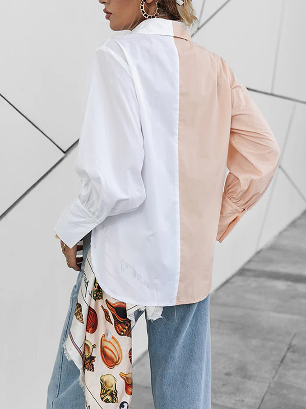 Long Sleeves Loose Buttoned Contrast Color Lapel Blouses&Shirts Tops - Image 11