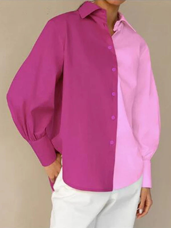 Long Sleeves Loose Buttoned Contrast Color Lapel Blouses&Shirts Tops - Image 2