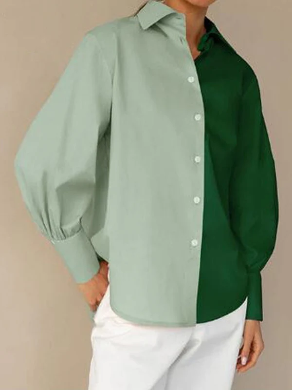 Long Sleeves Loose Buttoned Contrast Color Lapel Blouses&Shirts Tops - Image 3