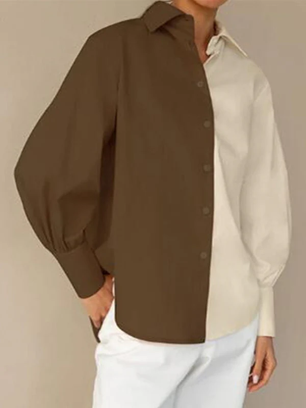 Long Sleeves Loose Buttoned Contrast Color Lapel Blouses&Shirts Tops - Image 4