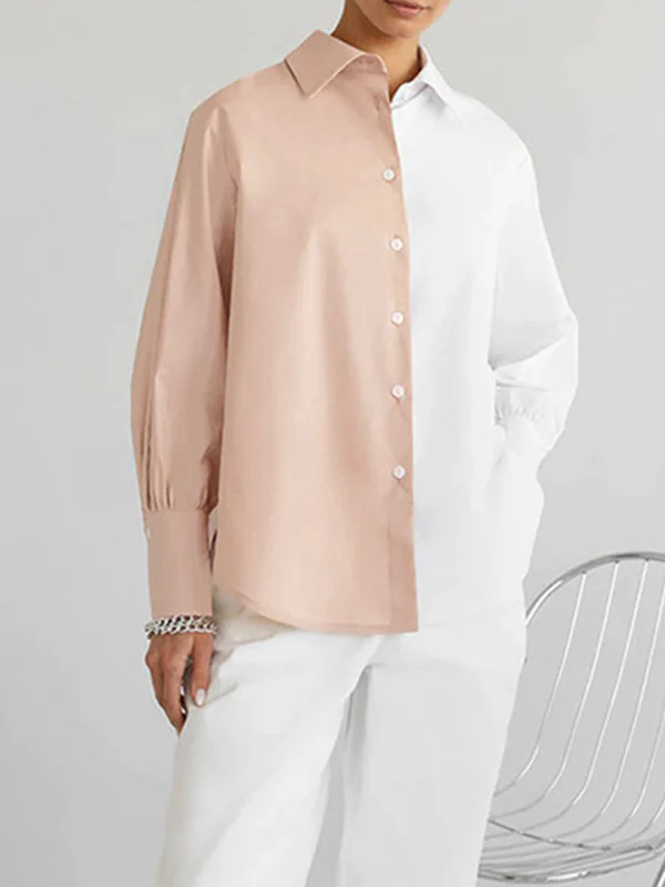 Long Sleeves Loose Buttoned Contrast Color Lapel Blouses&Shirts Tops - Image 5