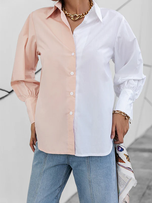 Long Sleeves Loose Buttoned Contrast Color Lapel Blouses&Shirts Tops - Image 6