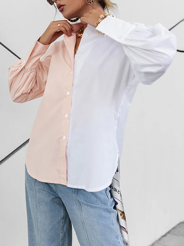 Long Sleeves Loose Buttoned Contrast Color Lapel Blouses&Shirts Tops - Image 7