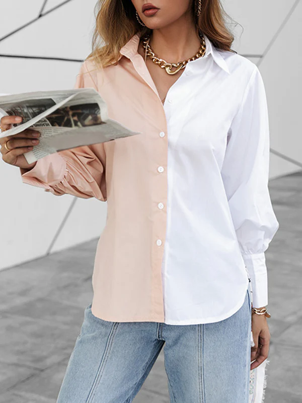 Long Sleeves Loose Buttoned Contrast Color Lapel Blouses&Shirts Tops - Image 8