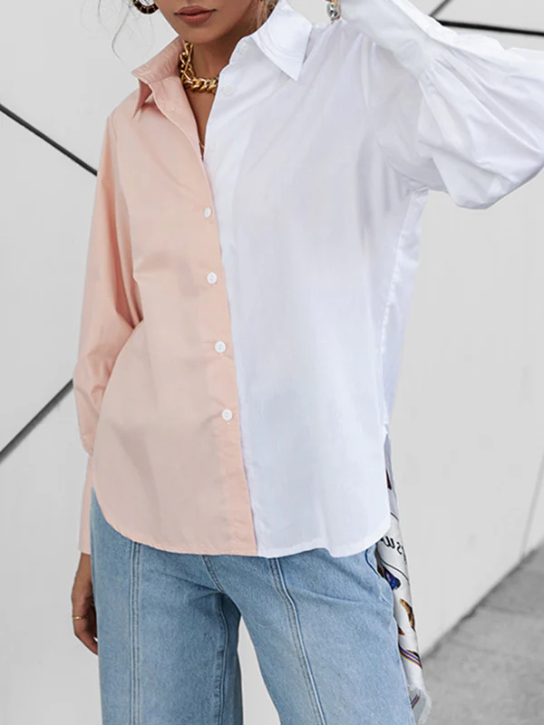 Long Sleeves Loose Buttoned Contrast Color Lapel Blouses&Shirts Tops - Image 9