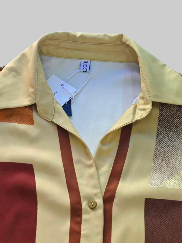 Long Sleeves Loose Buttoned Contrast Color Plaid Lapel Blouses&Shirts Tops - Image 10