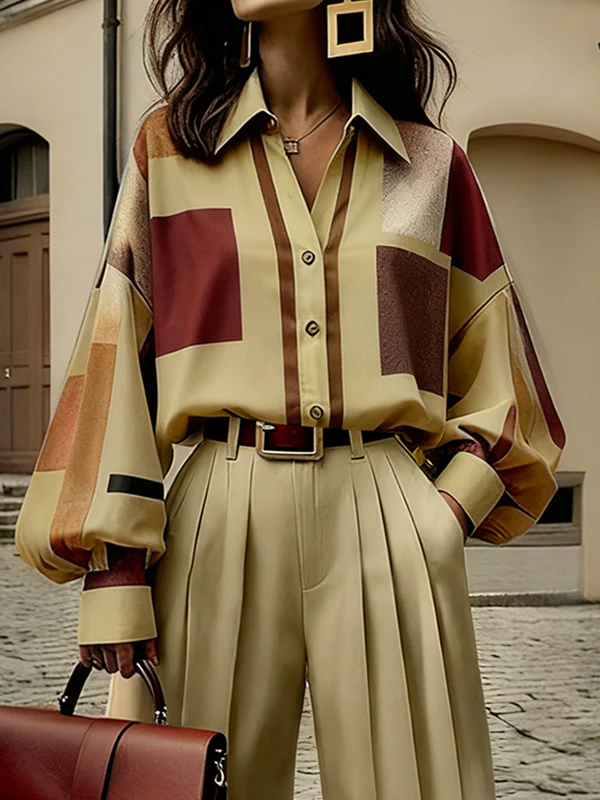 Long Sleeves Loose Buttoned Contrast Color Plaid Lapel Blouses&Shirts Tops - Image 3