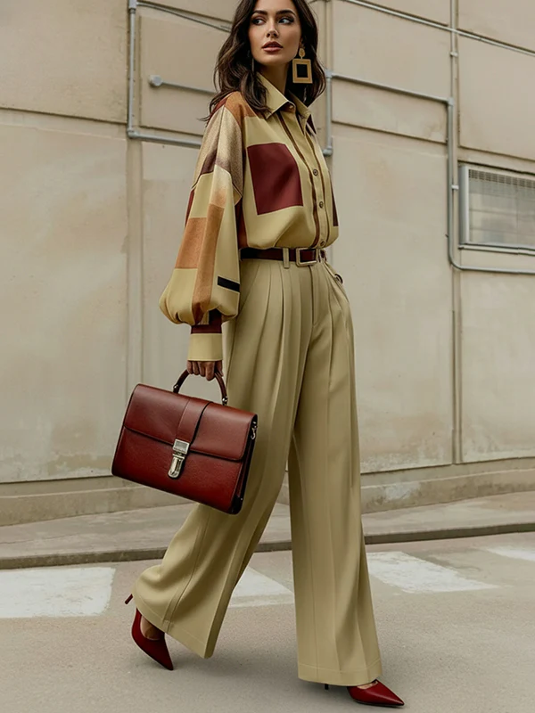 Long Sleeves Loose Buttoned Contrast Color Plaid Lapel Blouses&Shirts Tops - Image 5