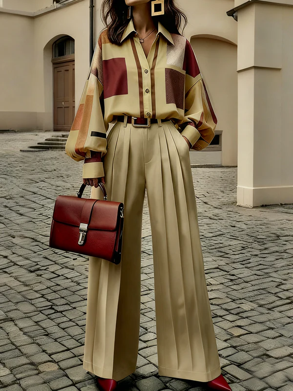 High Waisted Wide Leg No Belt Pleated Pockets Solid Color Pants Trousers - Image 4
