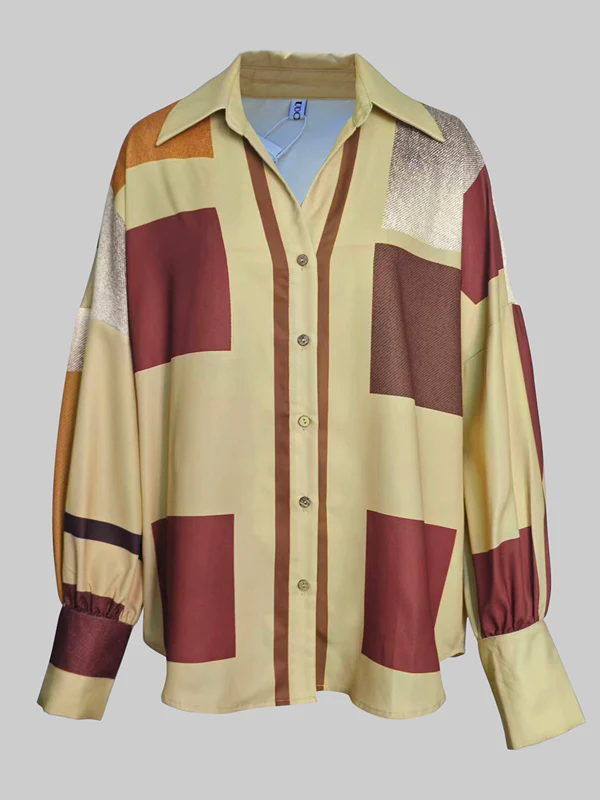 Long Sleeves Loose Buttoned Contrast Color Plaid Lapel Blouses&Shirts Tops - Image 8
