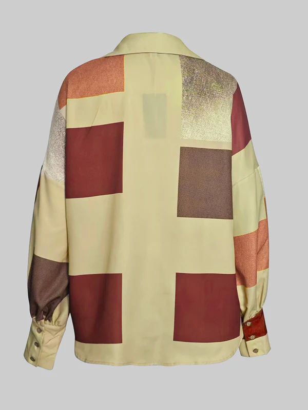 Long Sleeves Loose Buttoned Contrast Color Plaid Lapel Blouses&Shirts Tops - Image 9