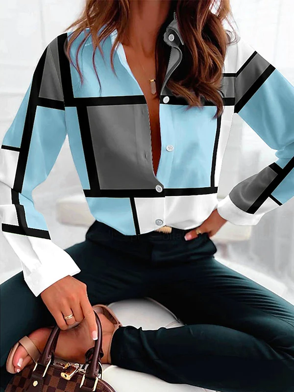 Long Sleeves Loose Buttoned Contrast Color Plaid Lapel Blouses&Shirts Tops - Image 2