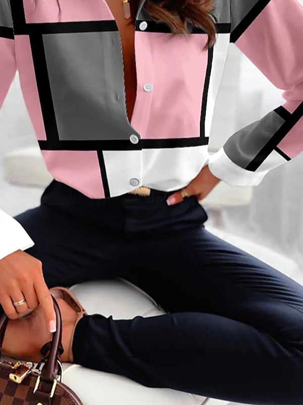 Long Sleeves Loose Buttoned Contrast Color Plaid Lapel Blouses&Shirts Tops - Image 4