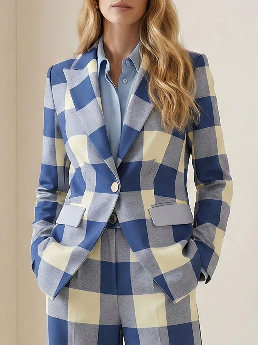 Long Sleeves Loose Buttoned Contrast Color Plaid Pockets Notched Collar Blazer Outerwear - Image 2