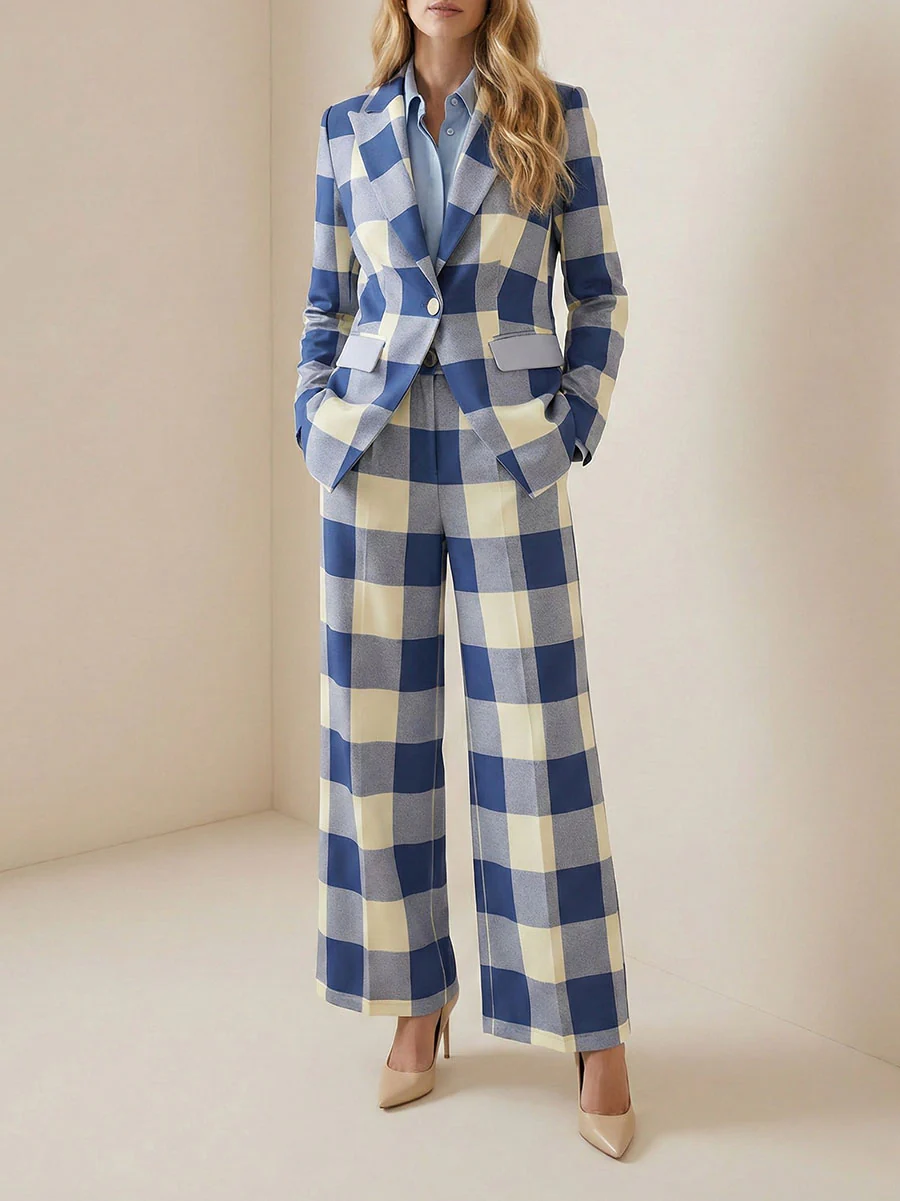 Long Sleeves Loose Buttoned Contrast Color Plaid Pockets Notched Collar Blazer Outerwear - Image 3