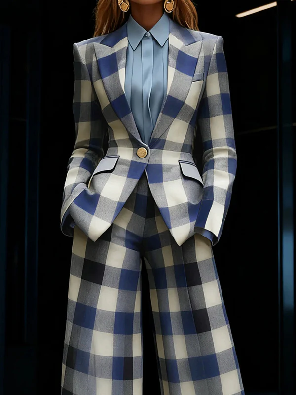 Long Sleeves Loose Buttoned Contrast Color Plaid Pockets Notched Collar Blazer Outerwear - Image 4