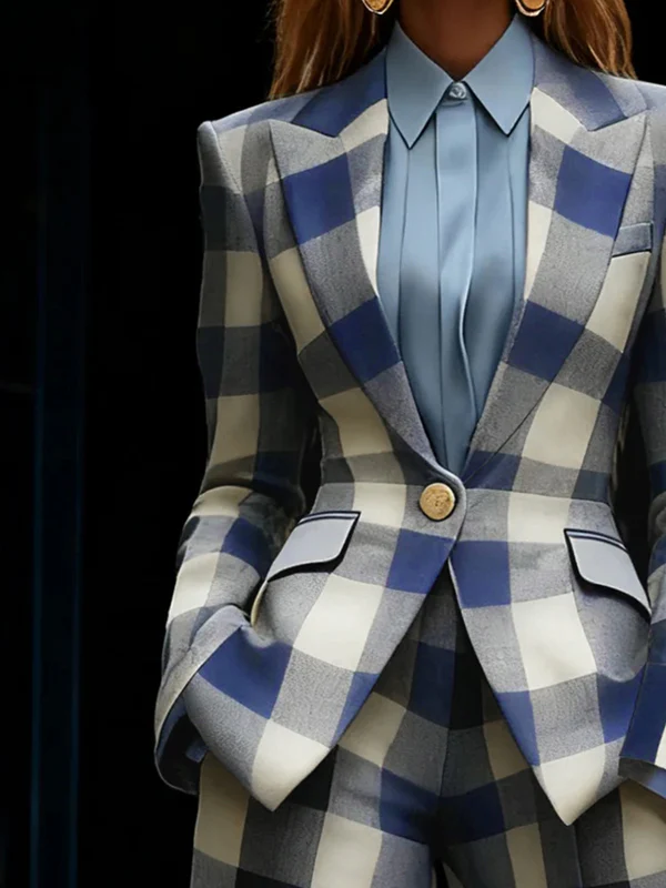 Long Sleeves Loose Buttoned Contrast Color Plaid Pockets Notched Collar Blazer Outerwear - Image 6