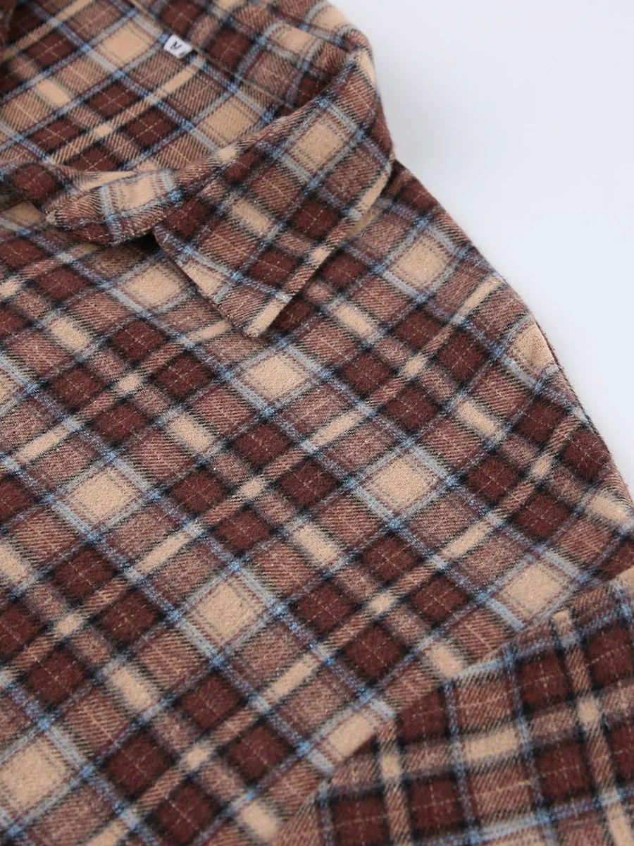 Long Sleeves Loose Buttoned Contrast Color Plaid Split-Joint Lapel Blouses&Shirts Tops Outerwear - Image 13