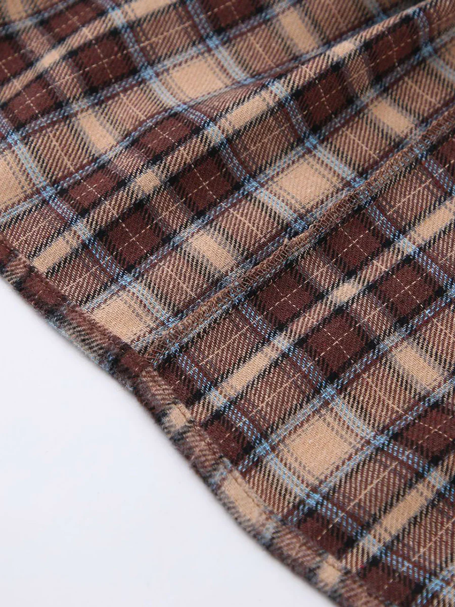 Long Sleeves Loose Buttoned Contrast Color Plaid Split-Joint Lapel Blouses&Shirts Tops Outerwear - Image 14