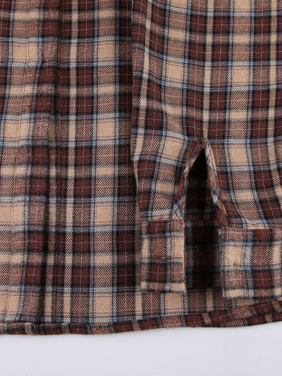 Long Sleeves Loose Buttoned Contrast Color Plaid Split-Joint Lapel Blouses&Shirts Tops Outerwear - Image 15
