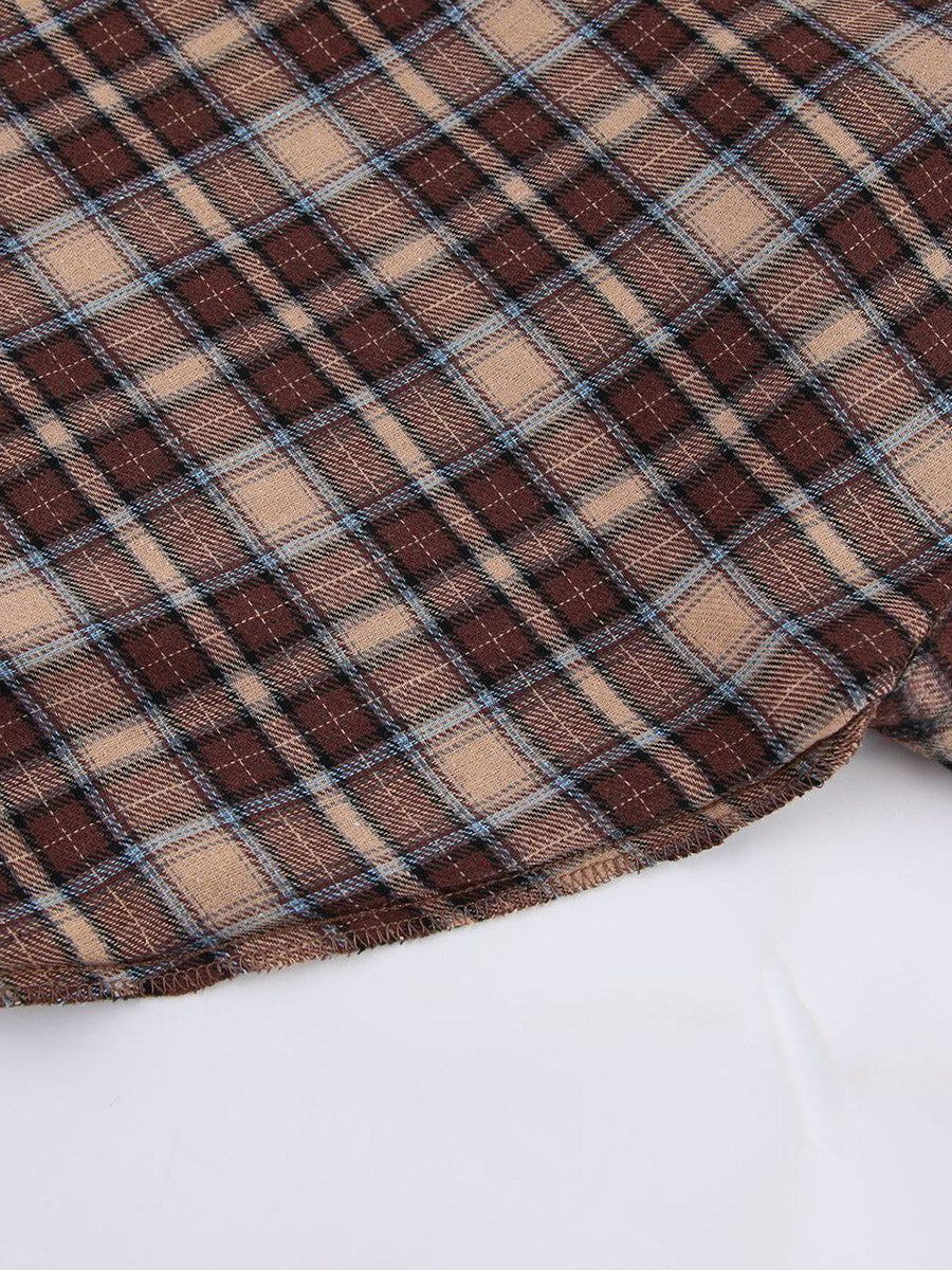 Long Sleeves Loose Buttoned Contrast Color Plaid Split-Joint Lapel Blouses&Shirts Tops Outerwear - Image 16