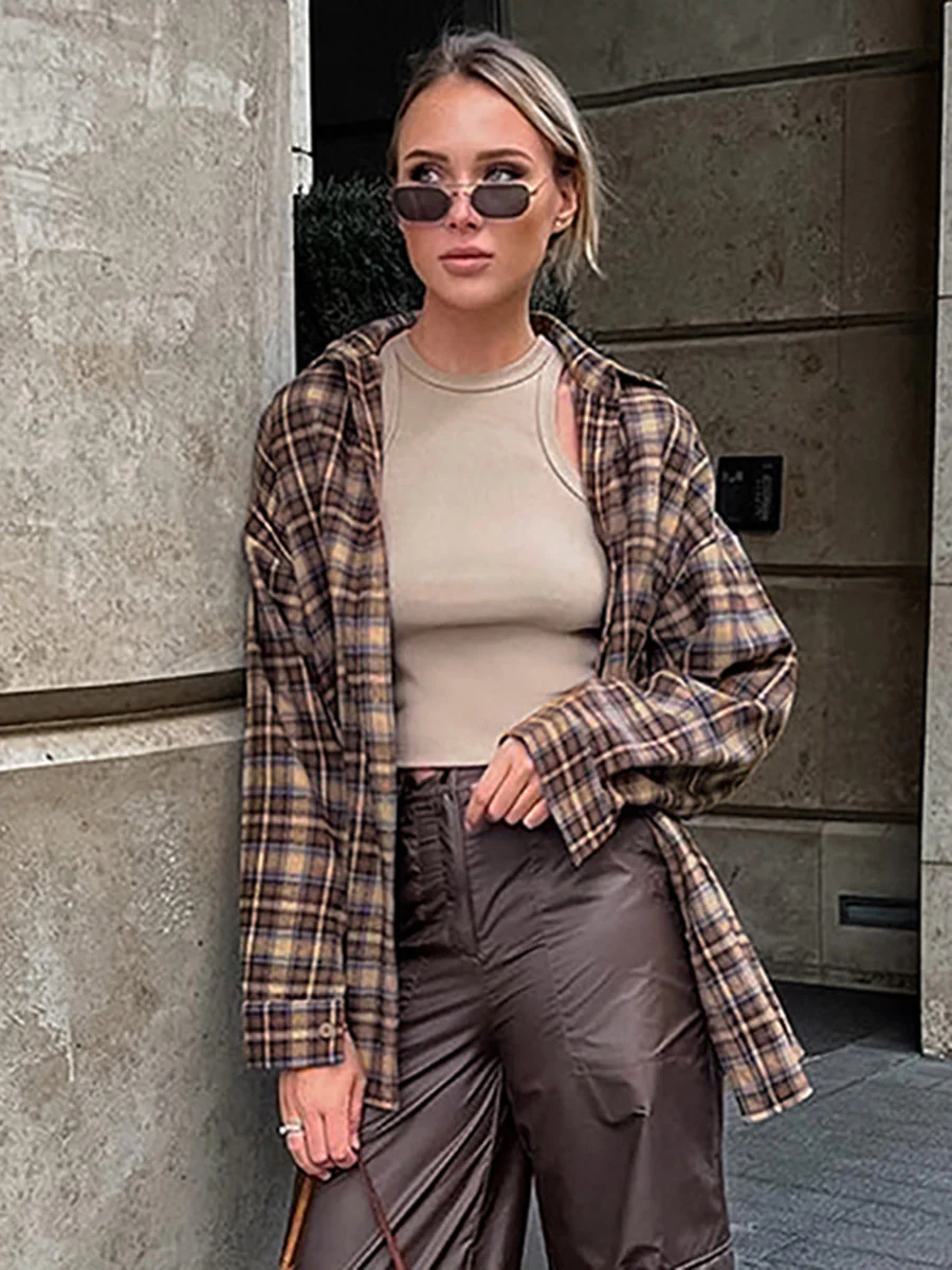 Long Sleeves Loose Buttoned Contrast Color Plaid Split-Joint Lapel Blouses&Shirts Tops Outerwear - Image 3