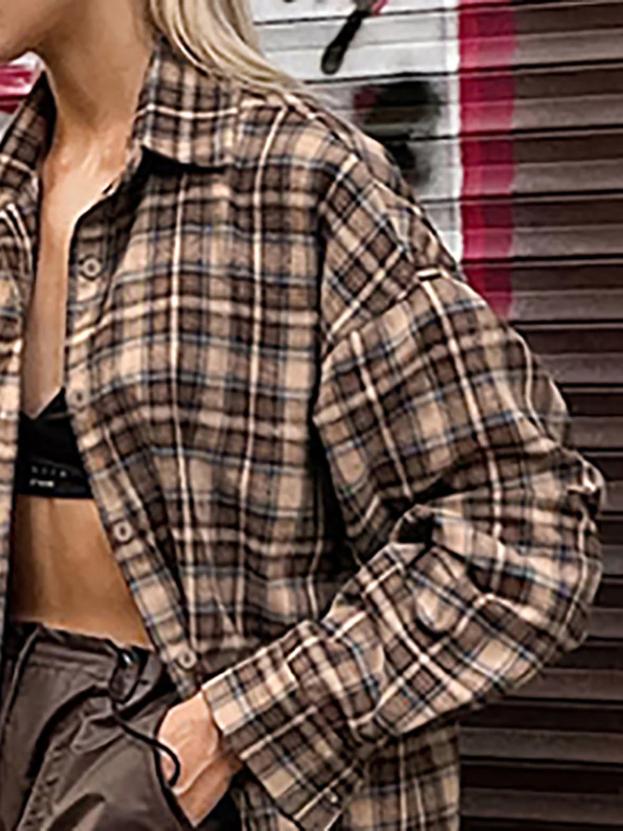 Long Sleeves Loose Buttoned Contrast Color Plaid Split-Joint Lapel Blouses&Shirts Tops Outerwear - Image 4
