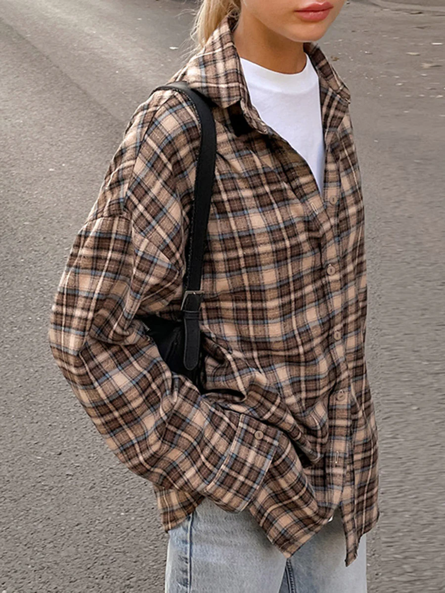 Long Sleeves Loose Buttoned Contrast Color Plaid Split-Joint Lapel Blouses&Shirts Tops Outerwear - Image 5