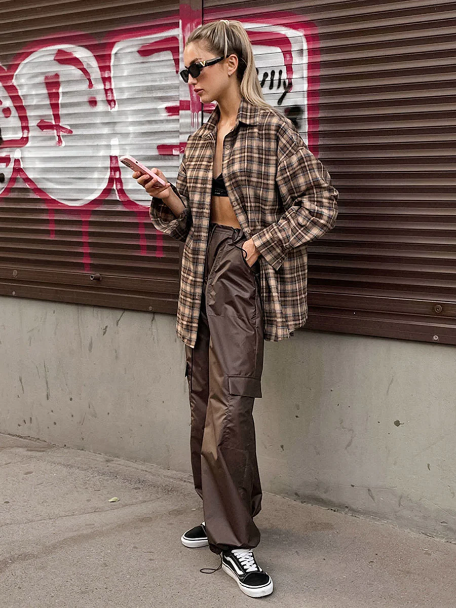 Long Sleeves Loose Buttoned Contrast Color Plaid Split-Joint Lapel Blouses&Shirts Tops Outerwear - Image 6