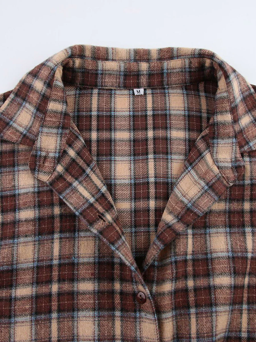 Long Sleeves Loose Buttoned Contrast Color Plaid Split-Joint Lapel Blouses&Shirts Tops Outerwear - Image 7