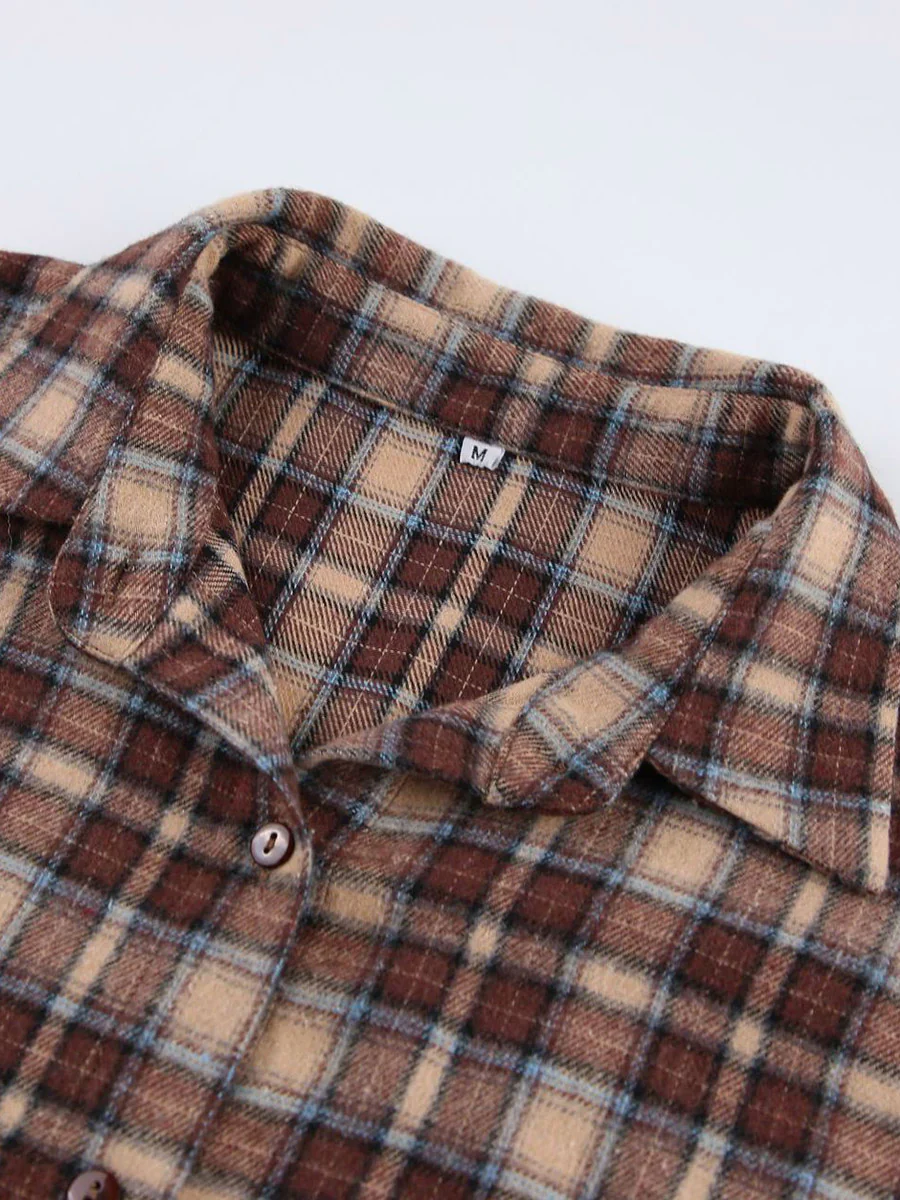 Long Sleeves Loose Buttoned Contrast Color Plaid Split-Joint Lapel Blouses&Shirts Tops Outerwear - Image 8