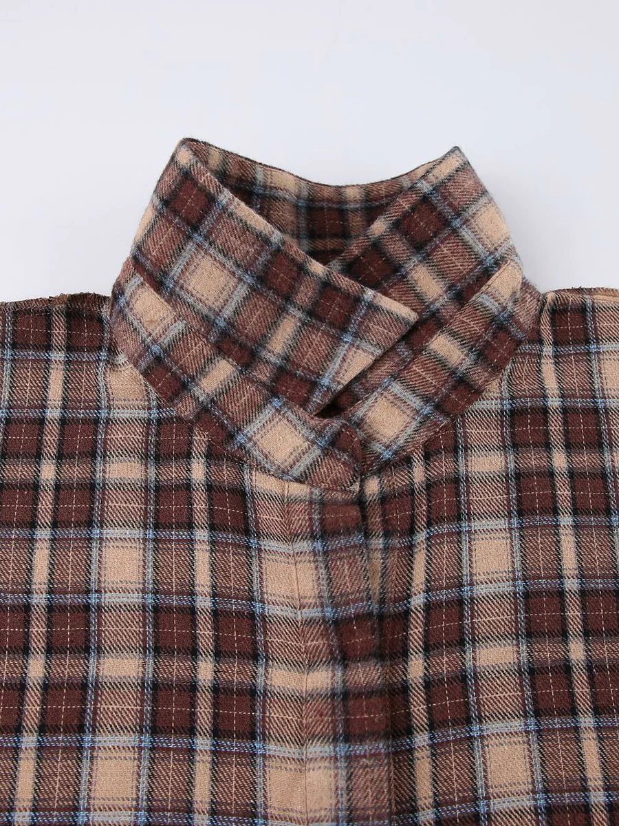 Long Sleeves Loose Buttoned Contrast Color Plaid Split-Joint Lapel Blouses&Shirts Tops Outerwear - Image 9