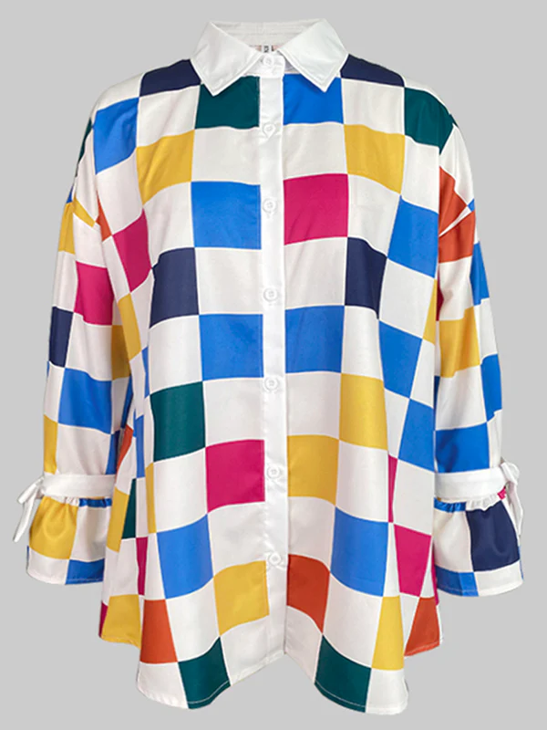 Long Sleeves Loose Buttoned Contrast Color Plaid Tied Stand Collar Blouses&Shirts Tops - Image 10