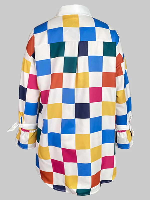 Long Sleeves Loose Buttoned Contrast Color Plaid Tied Stand Collar Blouses&Shirts Tops - Image 11