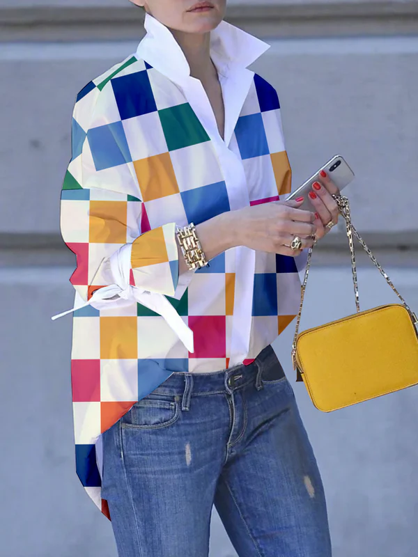 Long Sleeves Loose Buttoned Contrast Color Plaid Tied Stand Collar Blouses&Shirts Tops - Image 2