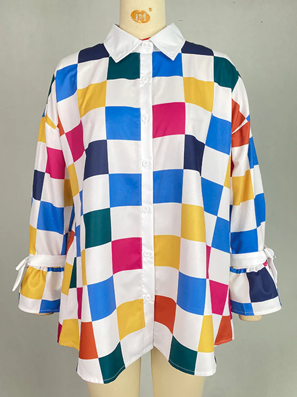 Long Sleeves Loose Buttoned Contrast Color Plaid Tied Stand Collar Blouses&Shirts Tops - Image 3