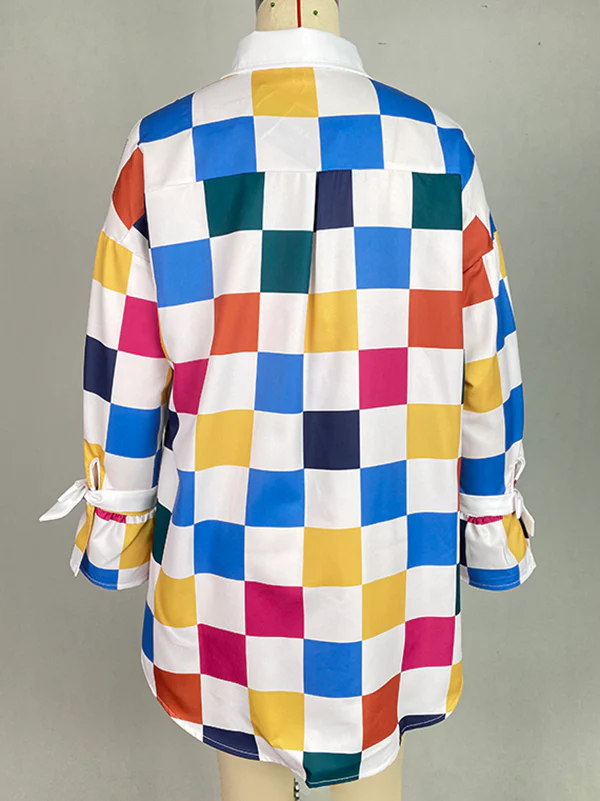 Long Sleeves Loose Buttoned Contrast Color Plaid Tied Stand Collar Blouses&Shirts Tops - Image 5