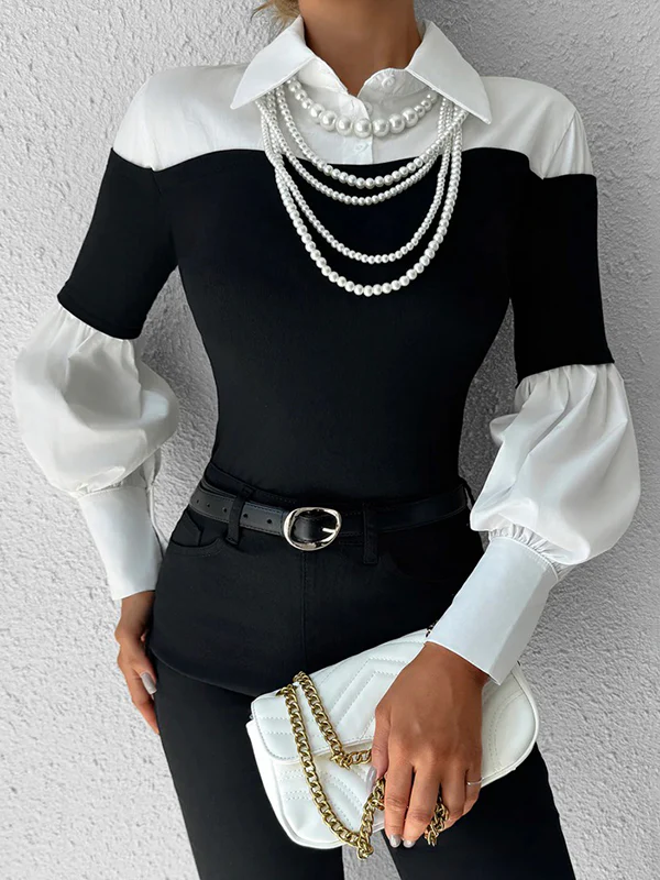 Long Sleeves Loose Buttoned Contrast Color Pleated Split-Joint Lapel Blouses&Shirts Tops - Image 2