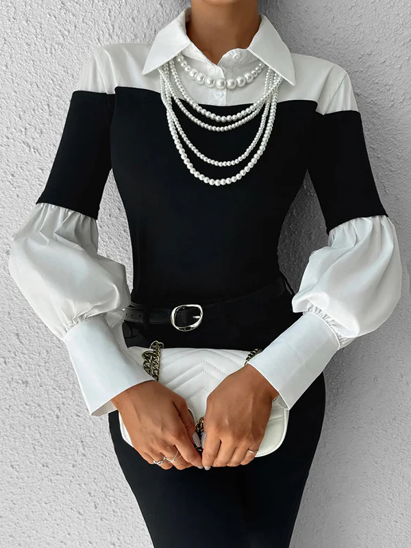 Long Sleeves Loose Buttoned Contrast Color Pleated Split-Joint Lapel Blouses&Shirts Tops - Image 3