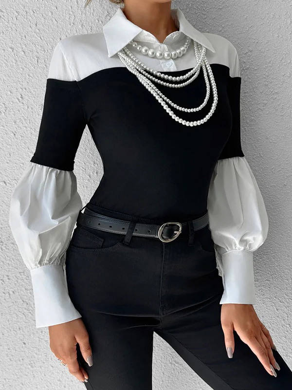 Long Sleeves Loose Buttoned Contrast Color Pleated Split-Joint Lapel Blouses&Shirts Tops - Image 4