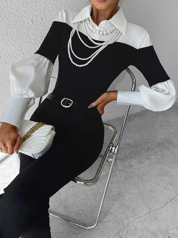 Long Sleeves Loose Buttoned Contrast Color Pleated Split-Joint Lapel Blouses&Shirts Tops - Image 5