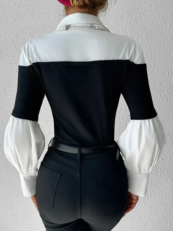 Long Sleeves Loose Buttoned Contrast Color Pleated Split-Joint Lapel Blouses&Shirts Tops - Image 6