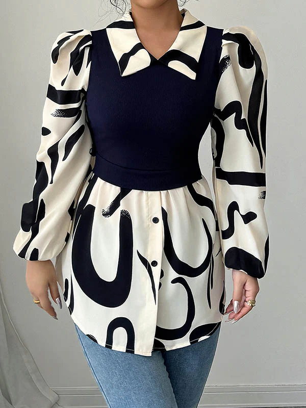 Long Sleeves Loose Buttoned Contrast Color Pleated Split-Joint Lapel Blouses&Shirts Tops - Image 2