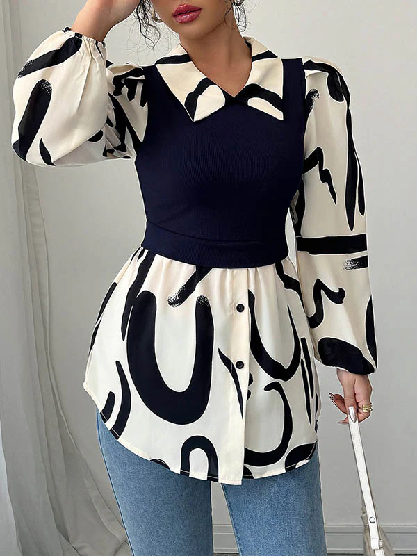 Long Sleeves Loose Buttoned Contrast Color Pleated Split-Joint Lapel Blouses&Shirts Tops - Image 4