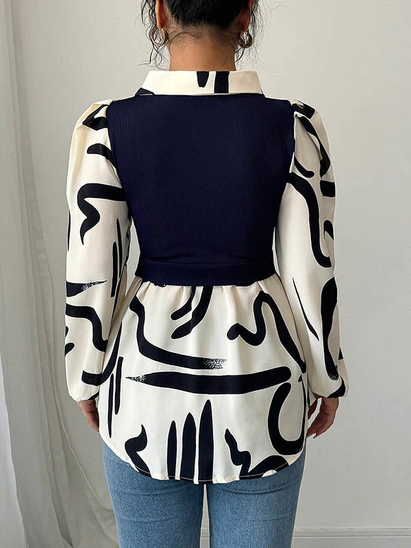 Long Sleeves Loose Buttoned Contrast Color Pleated Split-Joint Lapel Blouses&Shirts Tops - Image 5