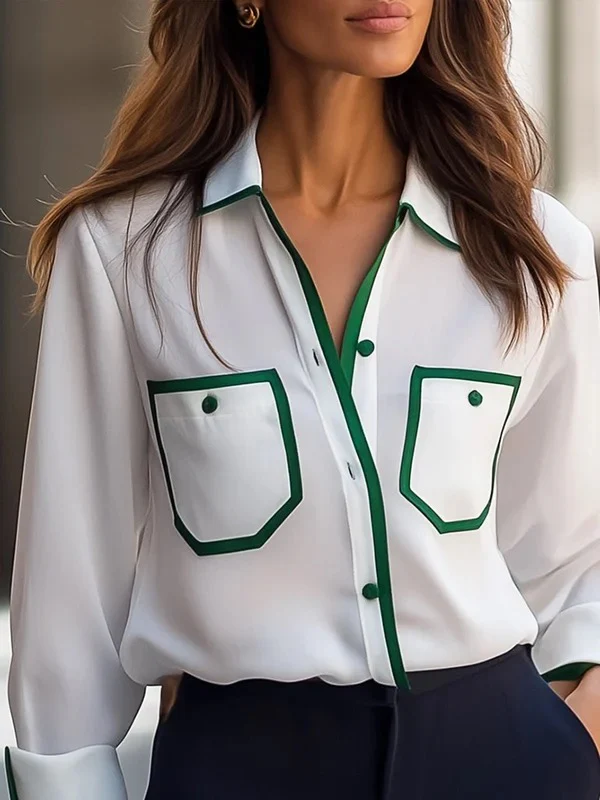 Long Sleeves Loose Buttoned Contrast Color Pockets Lapel Blouses&Shirts Tops - Image 3